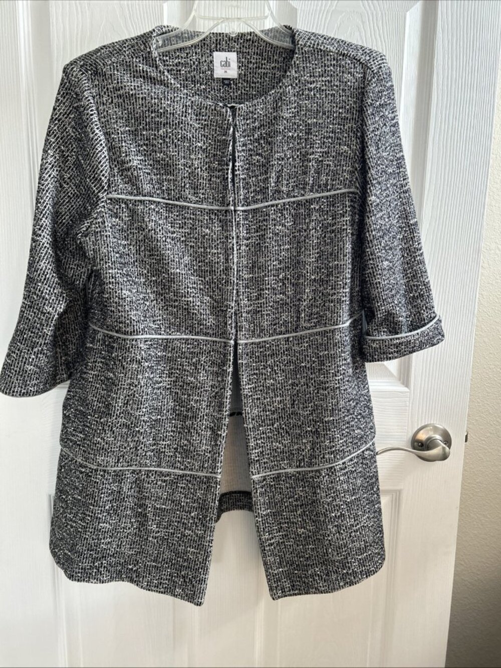 CAbi Medium The Times Jacket Black White Gray Style 5299 Pockets Tweed Print